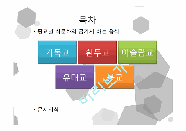 [3000원] 종교에 따른 식문화,종교별 금기음식(기독교,흰두교,이슬람교,유대교,불교),종교와 사회문화.pptx